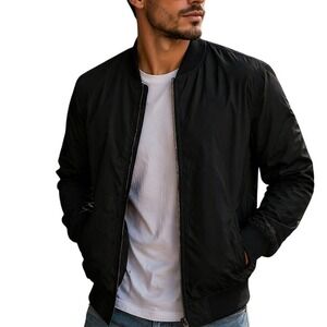 Men Bomber Jacket Black Lightweight Zip XL Streetwear Minimalist Style NWOT